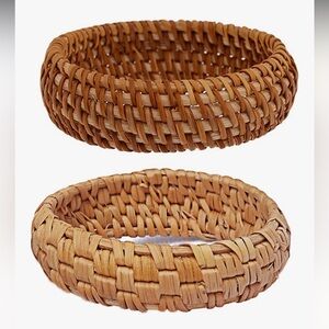 🆕 2Pcs Handwoven Wooden Braided Rattan Knit Cuff Bracelet Natural Bamboo